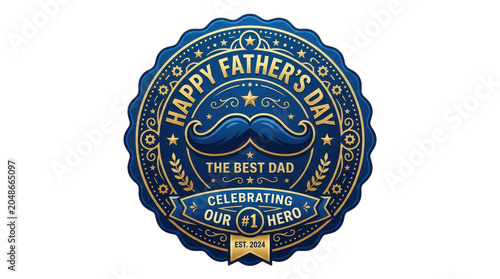 A Father's Day badge of honor in deep blue and gold, celebrating the best dad as our number one hero with a bold mustache and classic vintage style design


