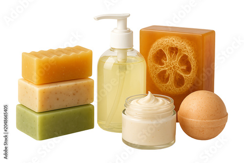 Assorted Soap Bars And Lotion On Transparent Background