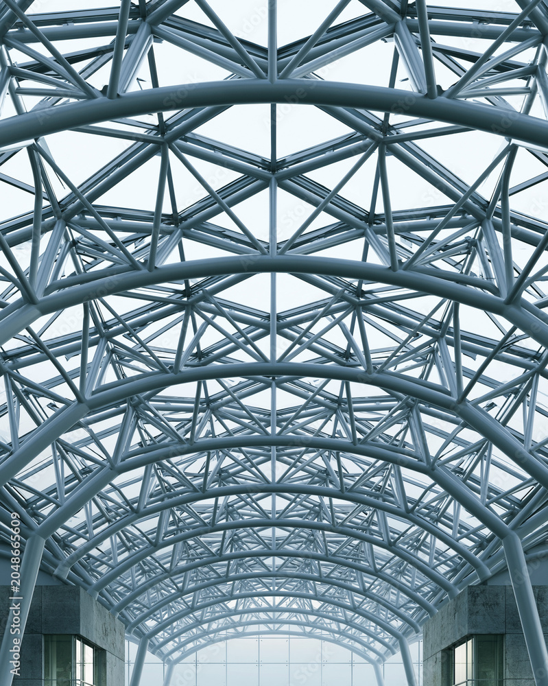 Fototapeta premium Modern Industrial Architecture: Steel Truss Ceiling Design with Symmetrical Framework and Glass Skylight
