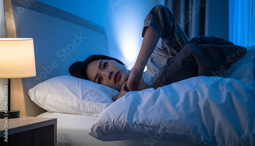 Woman lying in bed at night, feeling stressed and unable to sleep, illuminated by a bedside lamp and soft blue light