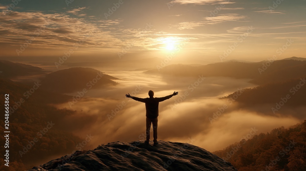 Obraz premium Man with open arms on mountain peak celebrating sunrise over misty valleys, inspiring freedom and achievement