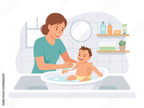 Flat style vector illustration of a mother bathing her baby during a daily care routine that promotes hygiene, comfort and loving parent-child interaction