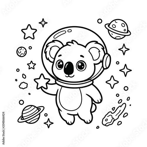 Photography Coloring page for kids with cute koala astronaut floating in outer space with pl