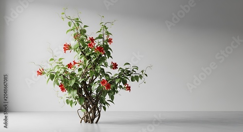 A beautiful butea superba woody climbing vine plant featuring vibrant red trumpet-shaped flowers and lush green leaves in a minimalist studio setting.