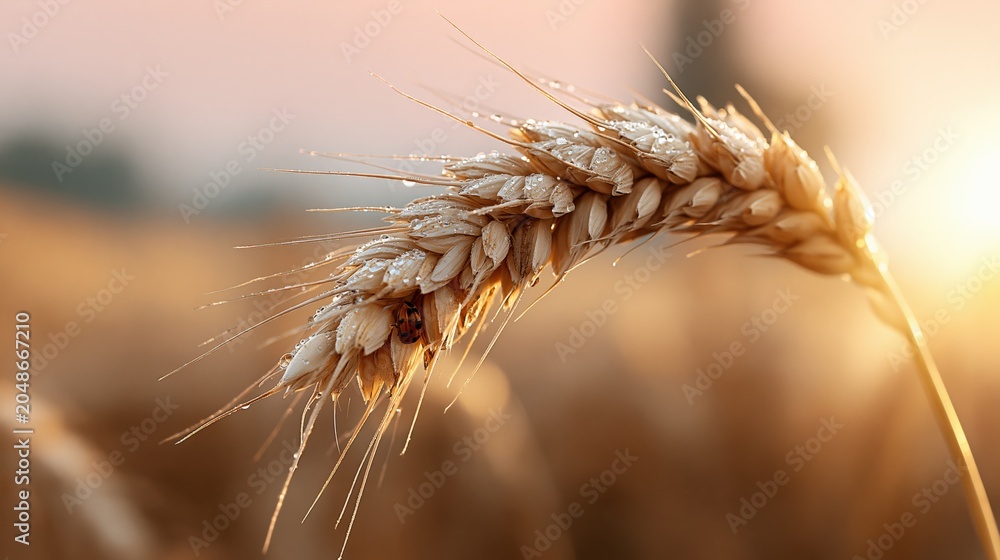 Obraz premium Close up of ripe golden wheat ear with dew drops at sunrise, backlit by warm sunlight, showcasing agricultural harvest