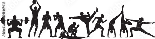 Sports and Fitness Silhouette Collection Featuring Weightlifting Boxing Running Yoga and Martial Arts Training Activities