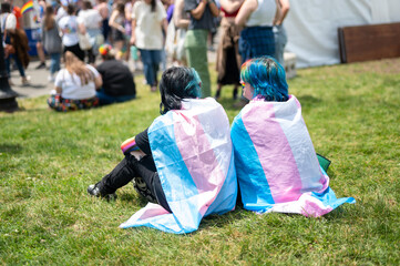 children wearing transgender flags in grass