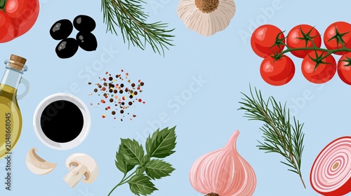 Fresh Mediterranean Ingredients Arranged for Culinary Inspiration, Food Styling and Recipe Design