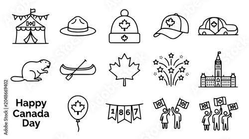 Bild auf Leinwand Canada Day Icons: Maple Leaf, Beaver, RCMP Hat, Parliament, Canoe, Car, Firework