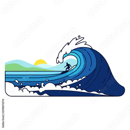 Photography A stylized illustration of a person surfing on a large ocean wave at sunrise