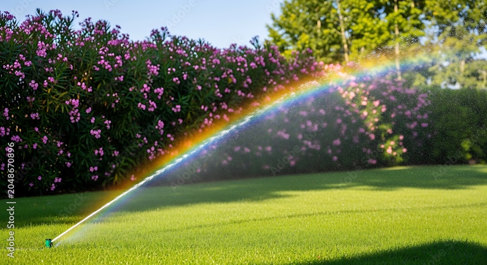 Obraz premium A sprinkler sprays water creating a vibrant rainbow arc over a lush green lawn with blooming pink flowers in the background.
