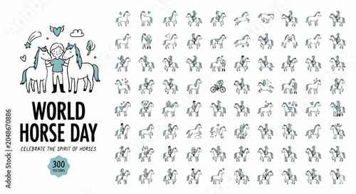 World Horse Day Collection: A compilation of simple, hand-drawn illustrations celebrating World Horse Day, featuring various equestrian scenes and motifs, perfect for thematic designs and content.