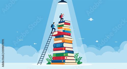 Two ambitious students climbing a huge stack of books under a bright spotlight to gain knowledge and education.