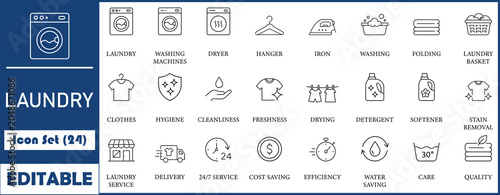 Foto Laundry icon set, containing washing machine, dryer, hanger, iron, clothes and hygiene