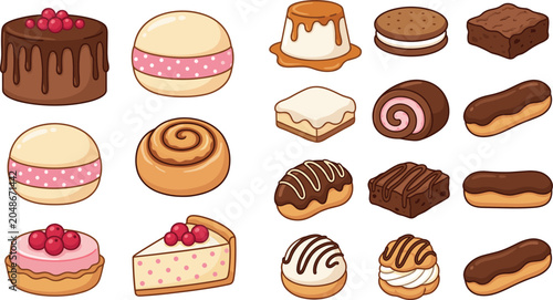 Foto Sweet Bakery Dessert Icons Collection Featuring Cakes Donuts Pastries Cookies an