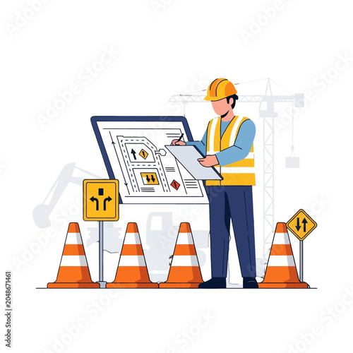 A construction worker reviews building plans at a busy site