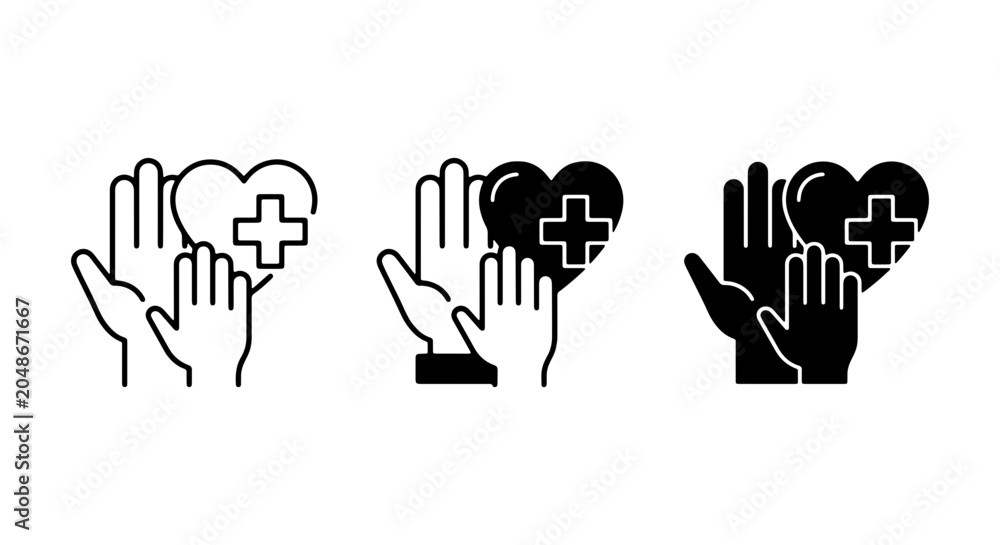 Obraz premium Medical Care Icons, Health Support Symbols, Hands Offering Heart with Cross, Vector Graphics Set