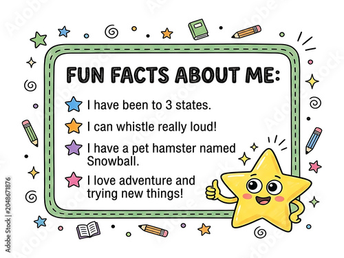 Fun Facts About Me Educational Worksheet with Cute Star Character and School Doodles