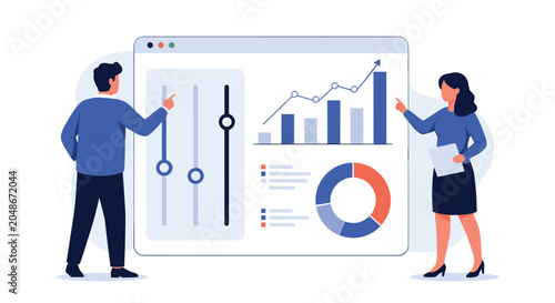 Business professionals analyzing data on a digital dashboard with charts, graphs, and sliders to monitor performance and adjust strategy.