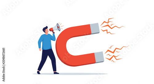 Businessman shouting into a megaphone next to a giant red magnet, representing lead generation, customer attraction, and powerful marketing.