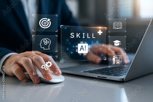 Artificial intelligence skill development concept showing person using computer with educational icons.