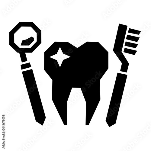 Fotografi Black and white geometric dental care icon set with tooth, toothbrush and dental mirror, minimalist dentist symbol in bold angular style
