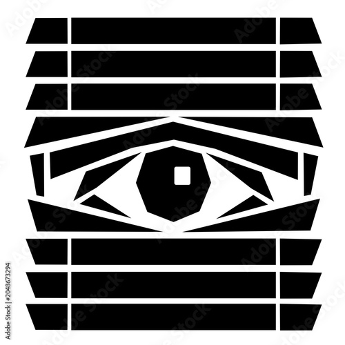 Black and white geometric eye seen through window blinds, minimalist surveillance and mystery icon in bold angular silhouette style.