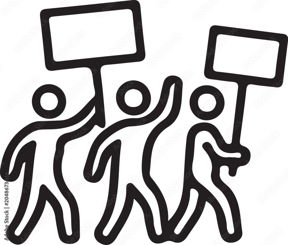 Obraz premium Three stylized human figures holding blank rectangular signs suitable for custom messaging or protest imagery.