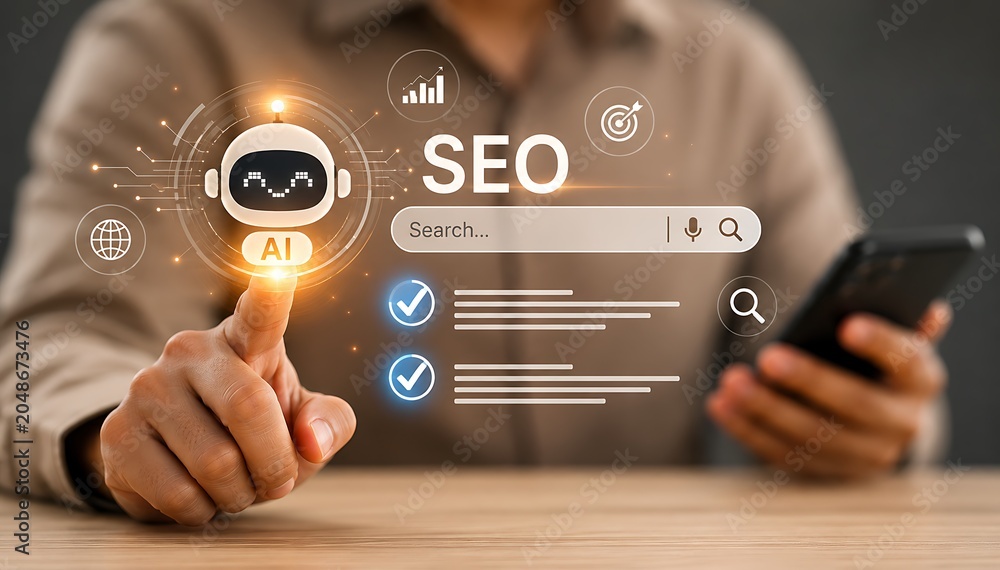Fototapeta premium Person using a smartphone with an AI chatbot interface for search engine optimization.