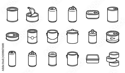 Canned food tins and metal cans line art icons set vector