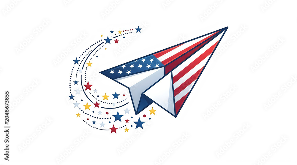 Obraz premium American flag themed paper airplane with star decorations on transparent background