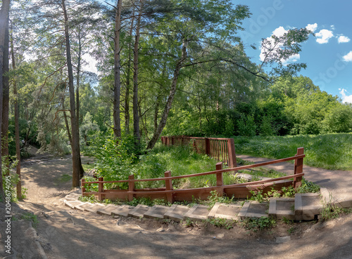 Stone steps with a brown wooden railing curve down a grassy hillside. High pine and birch trees surround the outdoor path under a bright summer sky.