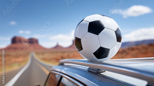 Soccer ball resting on car roof in a desert landscape with clear sky and distant rock formations along an open highway road