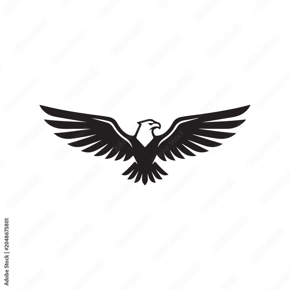 Fototapeta premium Powerful soaring eagle wingspan vector silhouette icon with dynamic flight feathers illustration