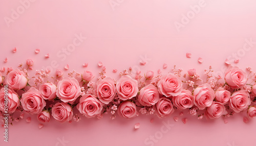 Pink roses and tulips with scattered petals on a clean white background creating a soft romantic floral scene