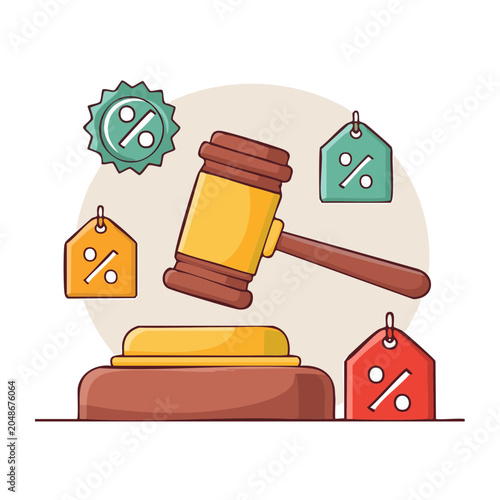 Auction gavel with discount price tags