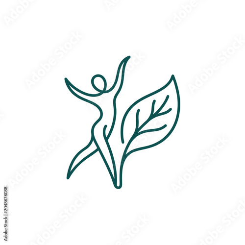 Graceful human form with outstretched arms next to a vibrant green leaf symbolizing growth and natural well being a healthy lifestyle concept suitable for wellness and organic brands