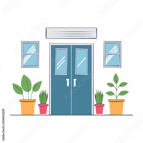 Flat design doorway with potted plants and windows