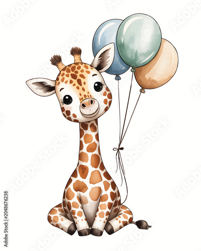 Playful little giraffe holding balloons for baby shower and birthday designs.