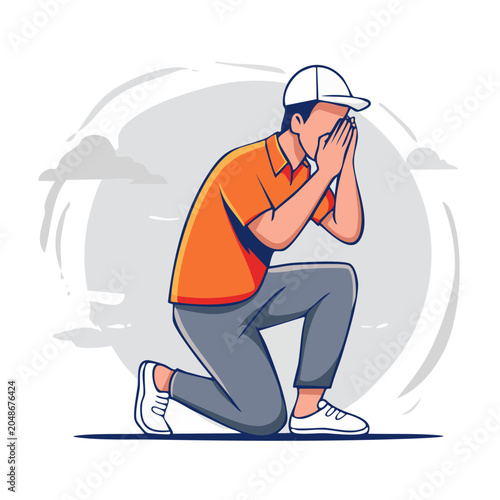 Man kneeling and praying with hands covering face