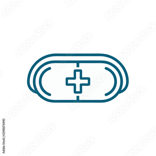 Abstract representation of a medical pill or capsule with a healthcare cross symbol inside conveyed through a simple bold teal line art design conveying wellness and pharmaceutical care concepts