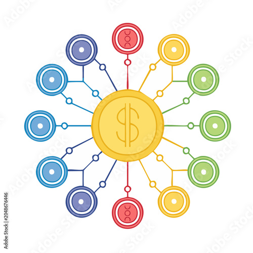Money network with dollar coin and connections