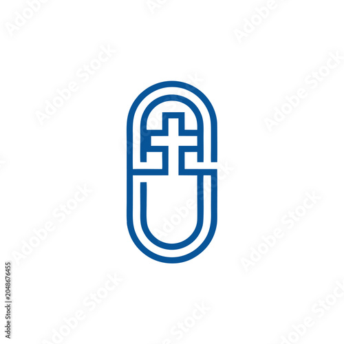 Abstract blue religious symbol with a cross shape inside an oval capsule outline on a plain backdrop representing faith spirituality and hope in a stylized abstract design suitable for spiritual
