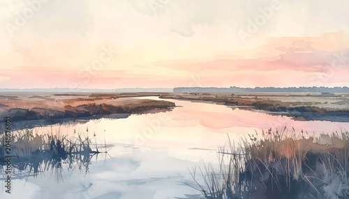 Serene watercolor painting depicting a tranquil marshland landscape with a winding river under a soft pastel sunset sky