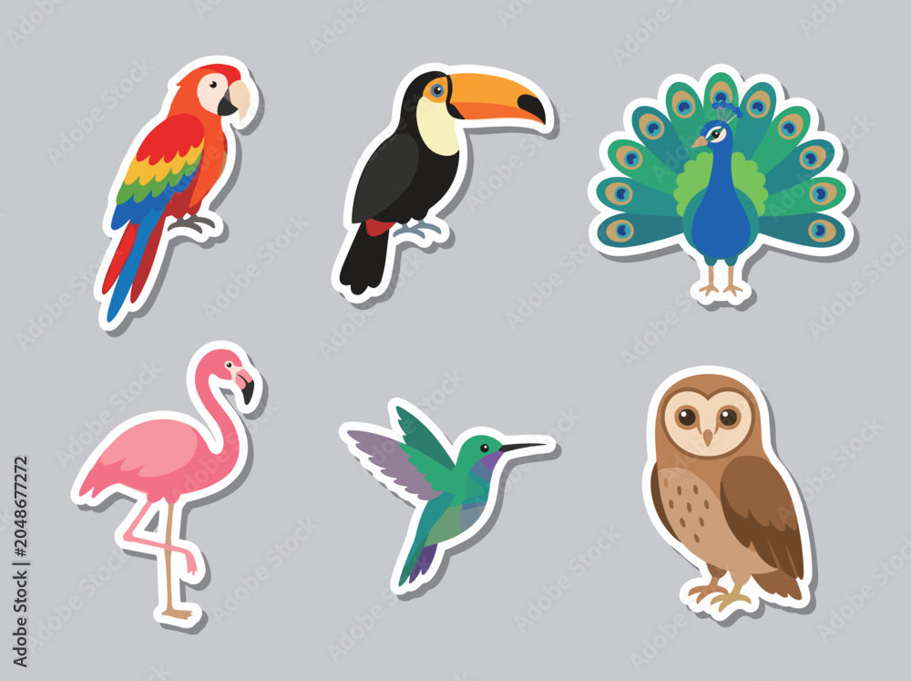 Fototapeta premium Cute cartoon tropical wild bird stickers vector set, exotic colorful feathered animals icon pack, parrot, toucan, peacock and flamingo