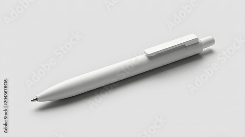 Minimalist white ballpoint pen isolated on a clean light grey background for branding mockup