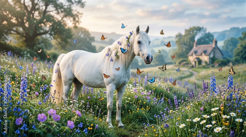 Fototapeta premium Two white horses stand in a colorful field of wildflowers on a sunny day near a house.