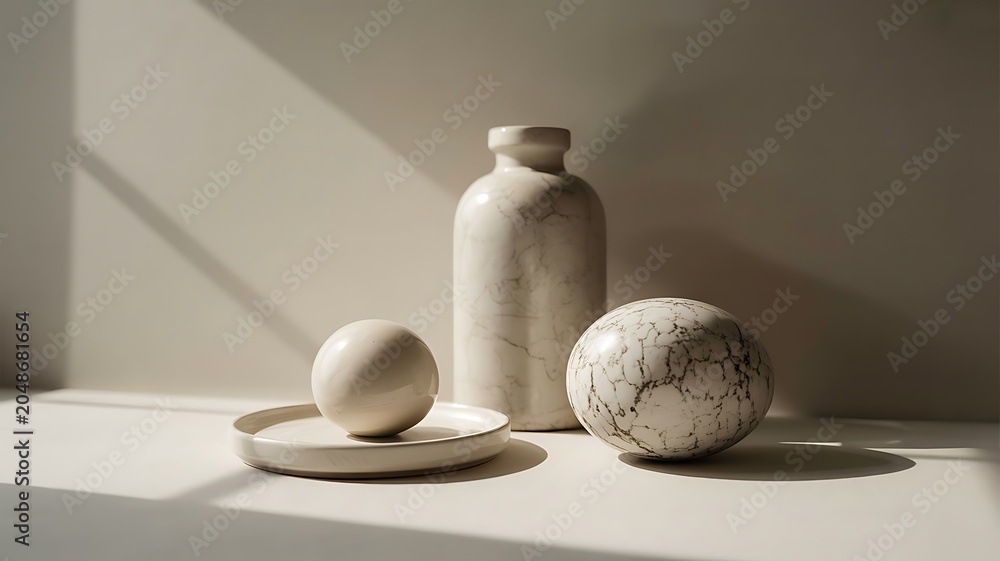 A still life composition featuring marble and ceramic objects on a white surface indoors