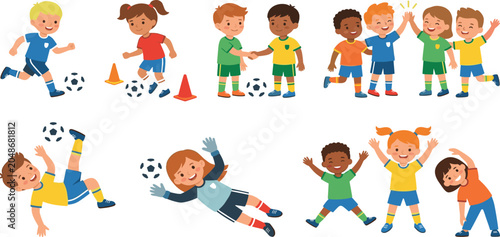 Obraz na plátně Cute cartoon children playing football match and exercising at a soccer sports c