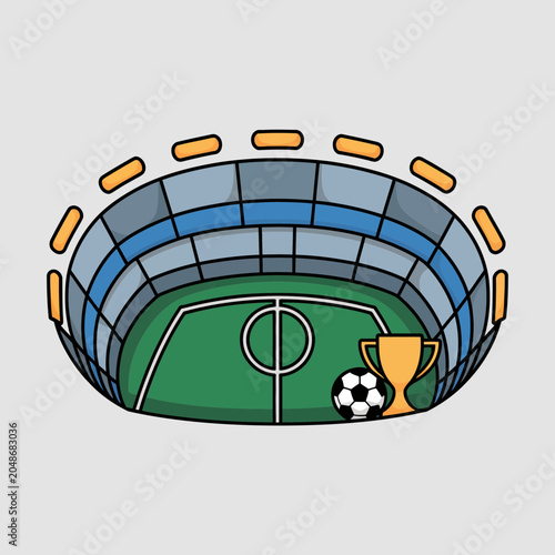 Stylized vector illustration of a modern soccer stadium with a green field, gold winner trophy, and football on a white background